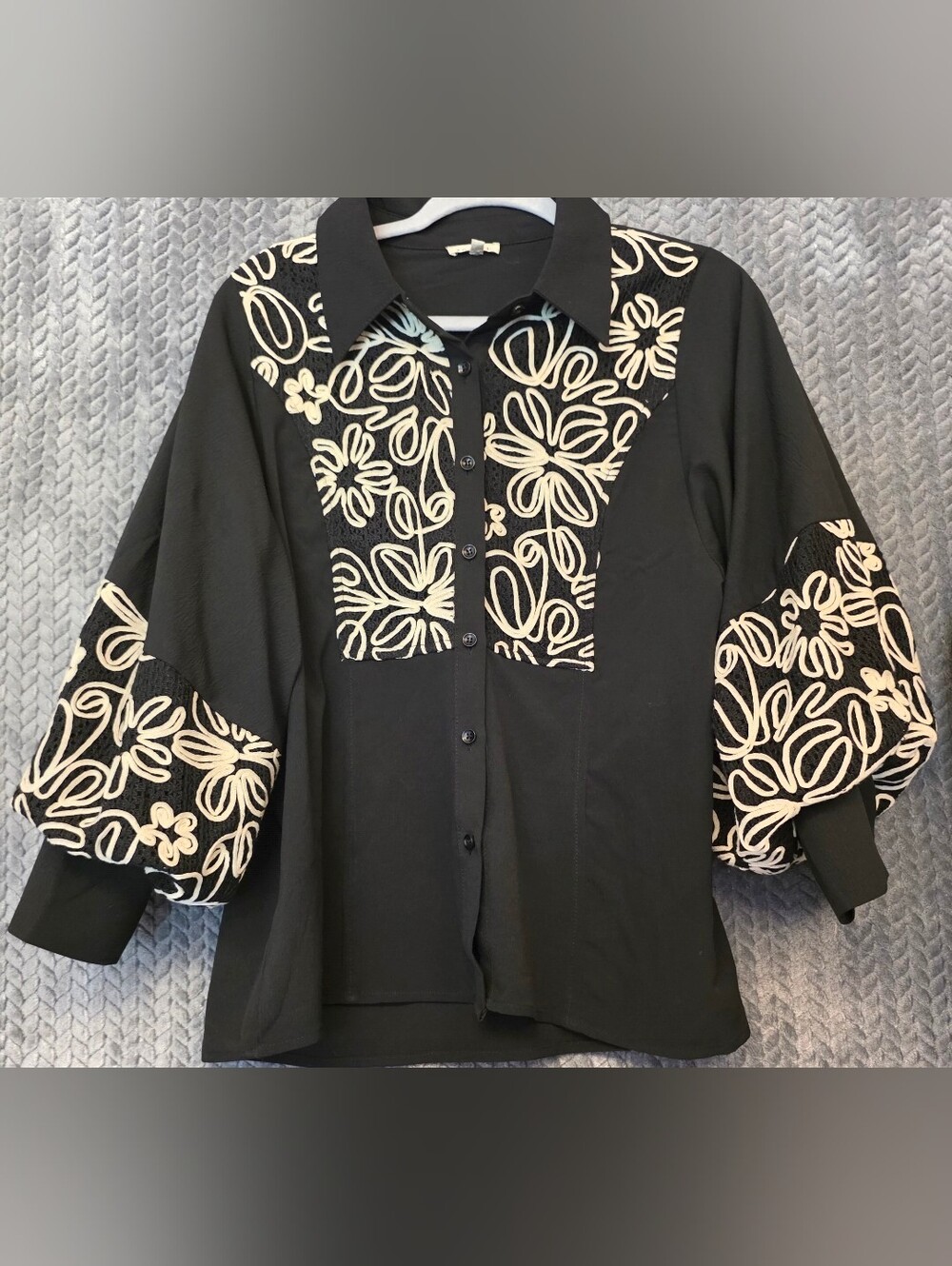 JODIFL Black Blouse with Cream Floral Embroidery